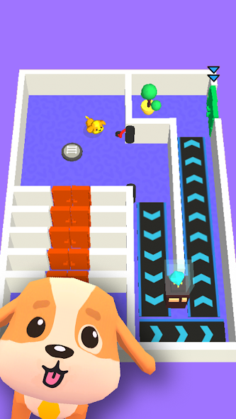 Dog Escape gameplay showing a puppy rescue puzzle with traps and switches.